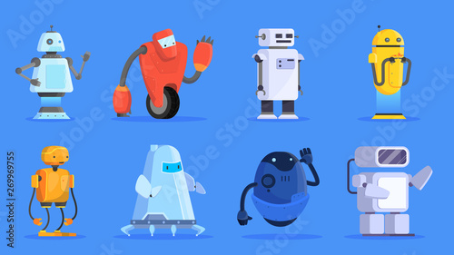 Robots set. Group of futuristic character of various shape