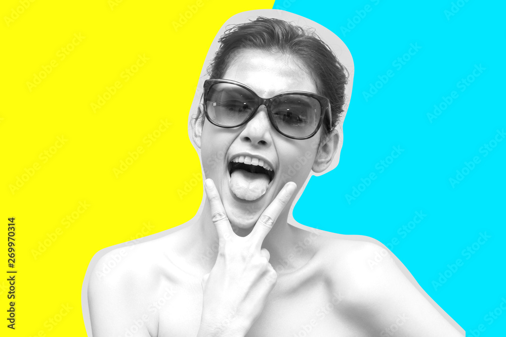 Portrait of collage in magazine fashion style smilling young beautiful woman model posing on colorful background Portrait of collage in magazine fashion style smilling young beautiful woman model posing on colorful background