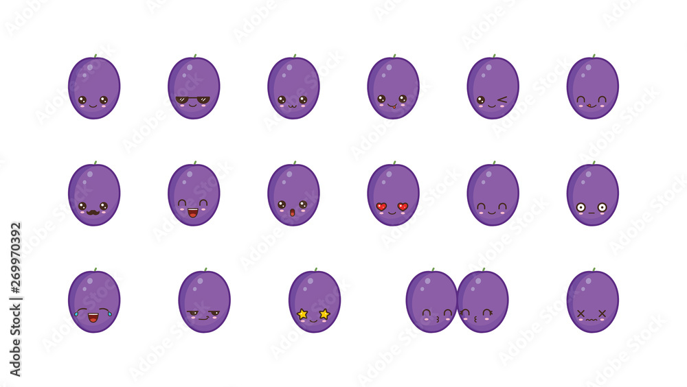 Plum cute kawaii mascot. Set kawaii food faces Plum cute kawaii mascot. Set kawaii food faces