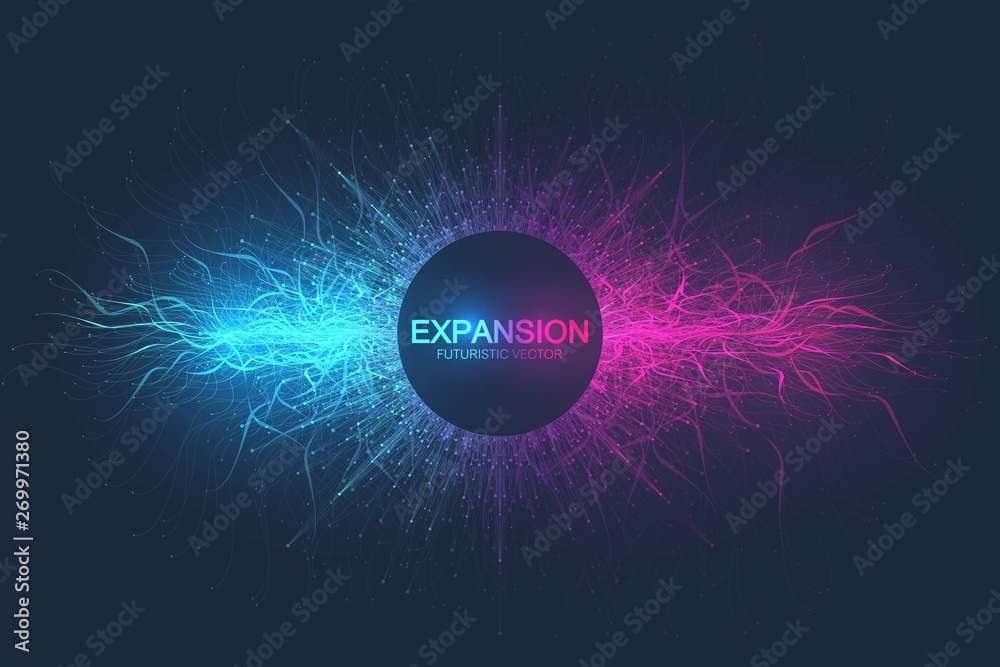 Geometric abstract background expansion of life. Colorful explosion background with connected line and dots, wave flow. Graphic background explosion, motion burst. Scientific vector illustration