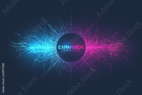 Geometric abstract background expansion of life. Colorful explosion background with connected line and dots, wave flow. Graphic background explosion, motion burst. Scientific vector illustration