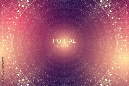 Geometric abstract background tunnel or wormhole with connected line and dots. Futuristic wormhole 3d space time portal visualization. Wireframe tunnel grid texture background. Vector illustration