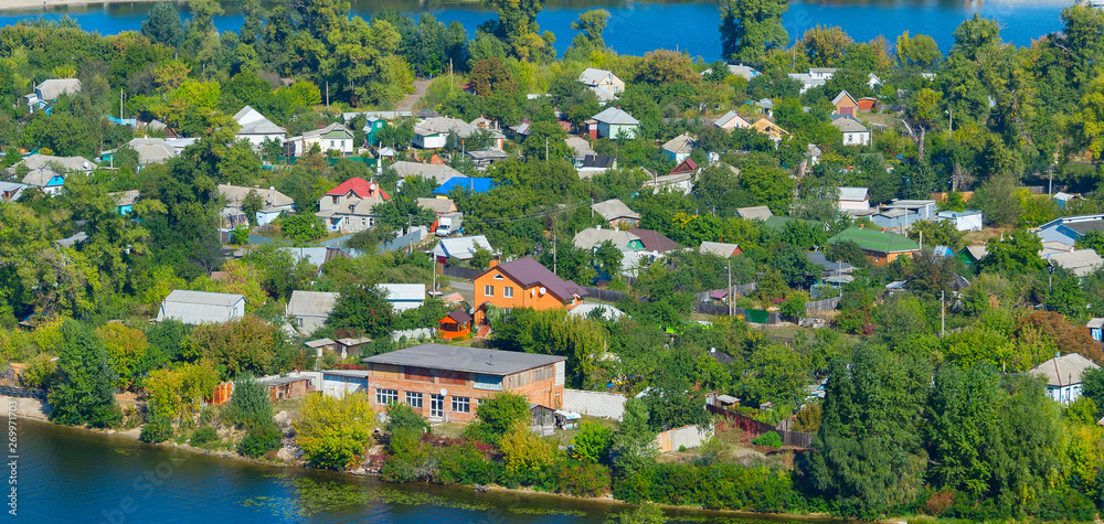 Aerial houses Dnipro river Kyiv