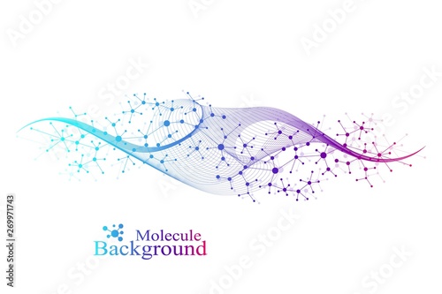 Colorful molecules background. DNA helix, DNA strand, DNA Test. Molecule or atom, neurons. Abstract structure for science or medical background, banner. Scientific vector illustration.