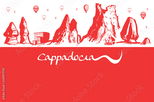 Hand drawn illustration Cappadocia, Turkey - caves, stones and ballons. Turkish famous symbol for print or poster design. Vector 