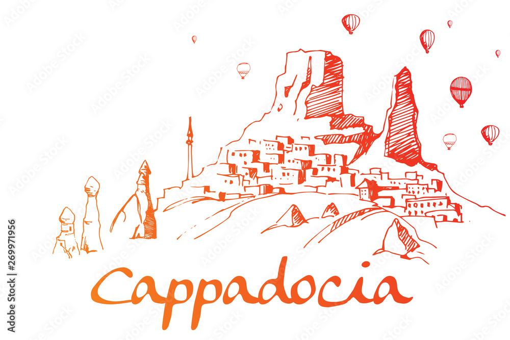 Naklejka premium Cappadocia. Hand drawn turkish famous travel place. Gradient color. Caves, stones and ballons in the sky. Vector illustration for banner or print design