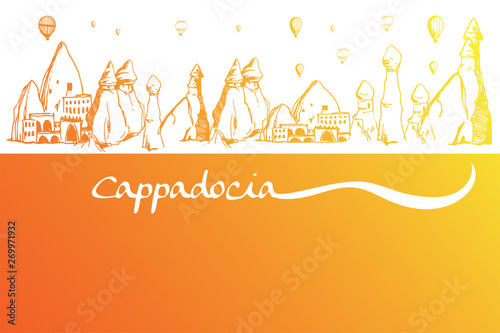 Cappadocia. Hand drawn turkish famous travel place. Gradient color. Caves, stones and ballons in the sky. Vector illustration for banner or print design