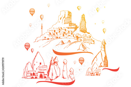 Cappadocia. Hand drawn turkish famous travel place. Gradient color. Caves, stones and ballons in the sky. Vector illustration for banner or print design