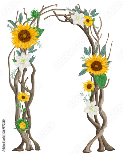 Rustic arch with tree branches, sunflowers , lilies, rosemary and leaves. Vintage design template for invitation, card, poster. Vector illustration in watercolor style
