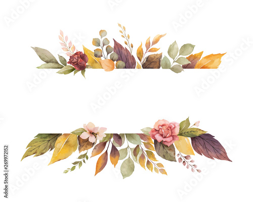 Watercolor vector autumn banner with roses and leaves isolated on white background.