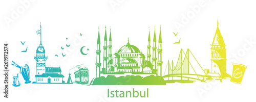 Hand drawn Istanbul horizontal vector illustration. Panoramic banner with famous Turkish symbols and object: Saint Sophia, Maiden's tower, galata tower, bosporus bridge