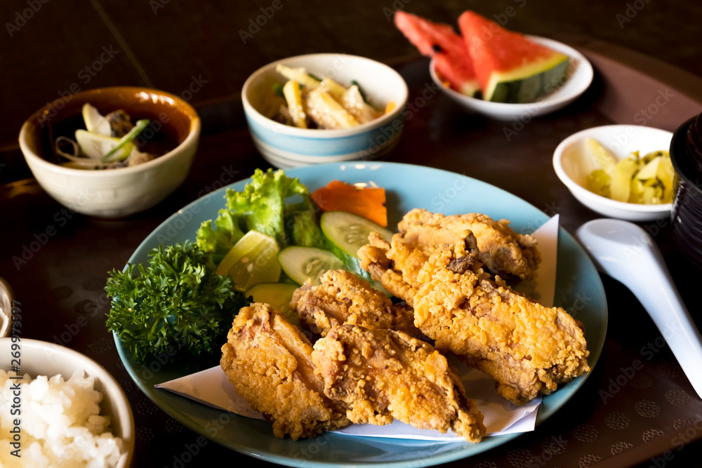 Fried chicken with Japanese style side dishes Fried chicken with Japanese style side dishes