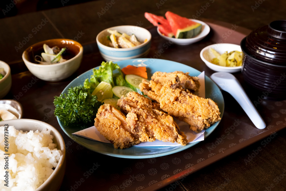 Fried chicken with Japanese style side dishes Fried chicken with Japanese style side dishes