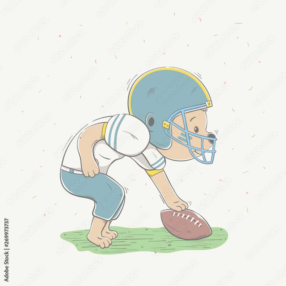 Naklejka premium Lovely cute bear dressed like American Football player with ball in field. Young dressed teddy bear.