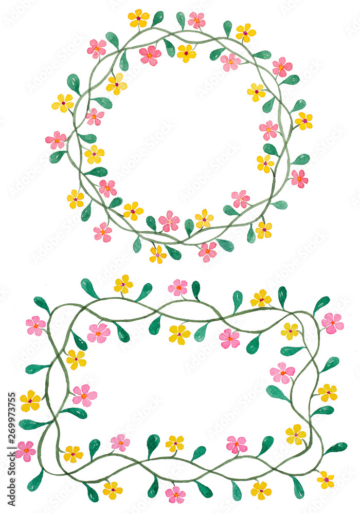 Flowers wreath,Hand watercolor painting on white paper background. Spring or summer flowers for invitation, wedding celebration or greeting cards. Flowers wreath,Hand watercolor painting on white paper background. Spring or summer flowers for invitation, wedding celebration or greeting cards.