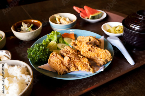 Fried chicken with Japanese style side dishes