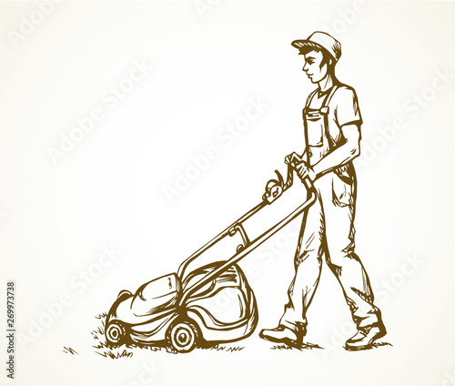 The man mows the grass. Vector drawing