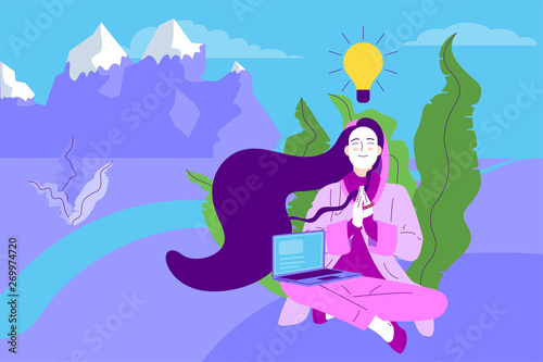 Flat style girl with long hair sitting crossed legged with prayer gesture