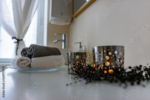 Bathroom still life of towels on a vanity photo