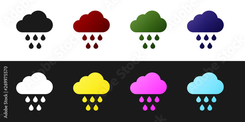 Set Cloud with rain icon isolated on black and white background. Rain cloud precipitation with rain drops. Vector Illustration