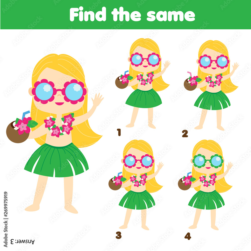Children educational game. Find two same pictures. Summer holidays theme Children educational game. Find two same pictures. Summer holidays theme