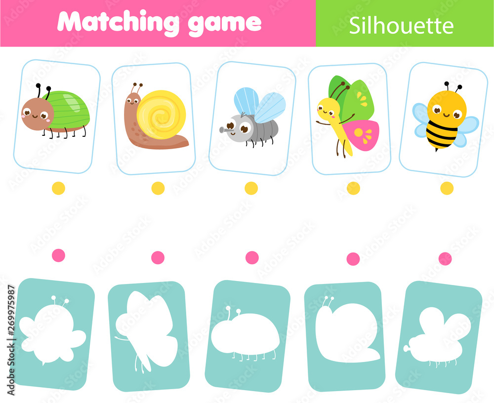 Educational children game. Match insects with silhouette. Fun page for toddlers. Study shapes and shadows Educational children game. Match insects with silhouette. Fun page for toddlers. Study shapes and shadows