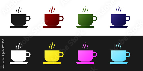 Set Coffee cup icon isolated on black and white background. Tea cup. Hot drink coffee. Vector Illustration