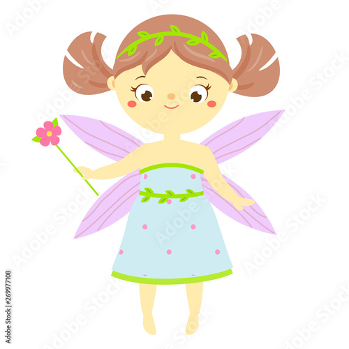 Cute fairy with flower magic wand. Cartoon little flying princess, pixie, elf fantasy character