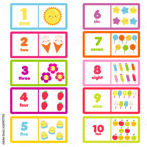 Count from one to ten. Cute characters and numbers. Educational learning card for children, kids, toddlers.