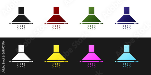 Set Kitchen extractor fan icon isolated on black and white background. Cooker hood. Kitchen exhaust. Household appliance. Vector Illustration