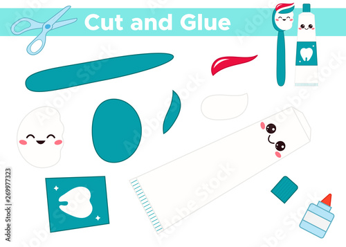Cut and glue cute kawaii toothpaste and toothbrush. Educational paper game for children. About dental hygiene.