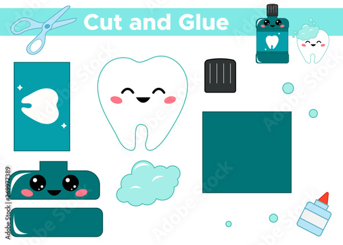 Cut and glue cute kawaii tooth and mouthwash bottle. Educational paper game for children. About dental hygiene.