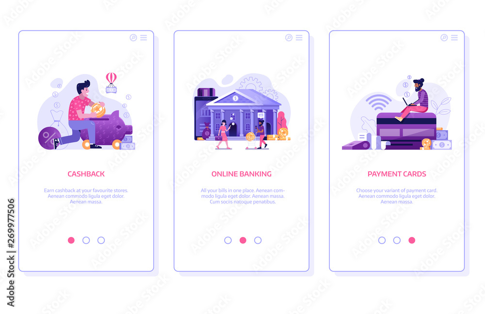 online banking application ui onboarding screen illustrations with money cashback, digital bank and payment card concepts. internet finance management services mobile app templates. stock vector adobe stock online banking application ui