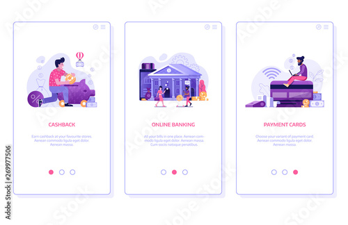 Online banking application UI onboarding screen illustrations with money cashback, digital bank and payment card concepts. Internet finance management services mobile app templates.