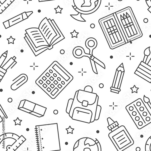 School supplies seamless pattern with line icons. Study tools background - globe, calculator, book, pencil, scissors, notebook vector illustration. Black white wallpaper for stationery sale brochure