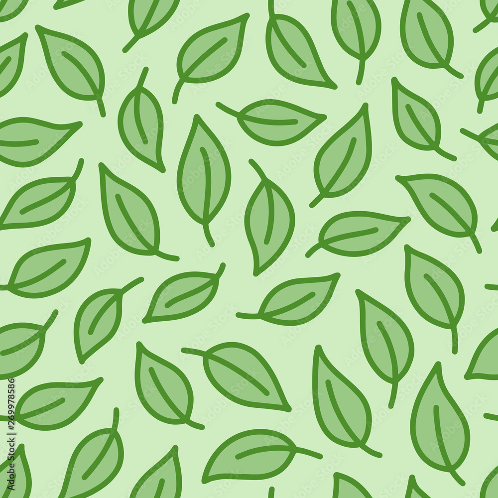 Leaf background. Green colored seamless pattern with leaves in minimal line doodle style. Decorative repeat package backdrop