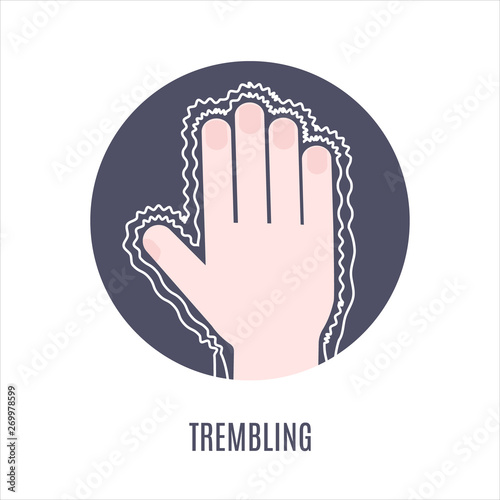 Trembling hands as a symptom of disease, sensitivity to cold, anxiety or fear. Muscle twitching icon. Vector illustration.