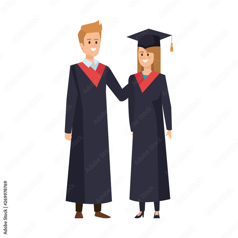 young couple students graduated characters young couple students graduated characters