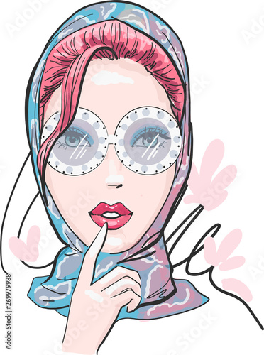 Head of a sweet lady with rich glasses in fashion bright shawl