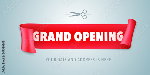 Grand opening vector banner, poster, illustration. Eye catching design element with red ribbon