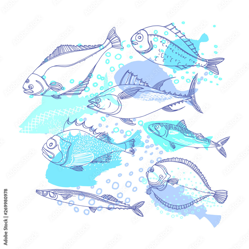 Sea fish. Marine vector background. Doodle design Sea fish. Marine vector background. Doodle design