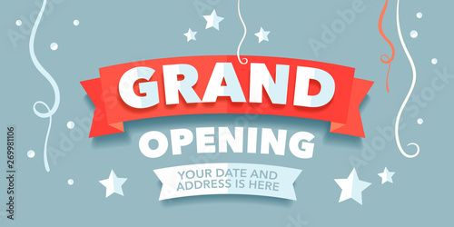 Grand opening vector banner with festive background and red ribbon