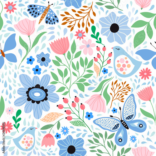 Floral seamless pattern with decorative flowers , plants and butterflies © lilett