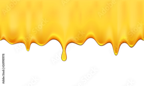 Honey dripping seamless pattern. Realistic flowing honey on a white background.