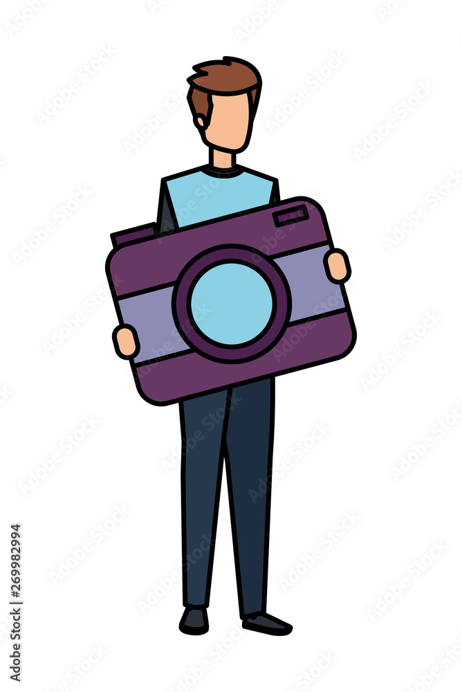 young man lifting camera photographic character young man lifting camera photographic character