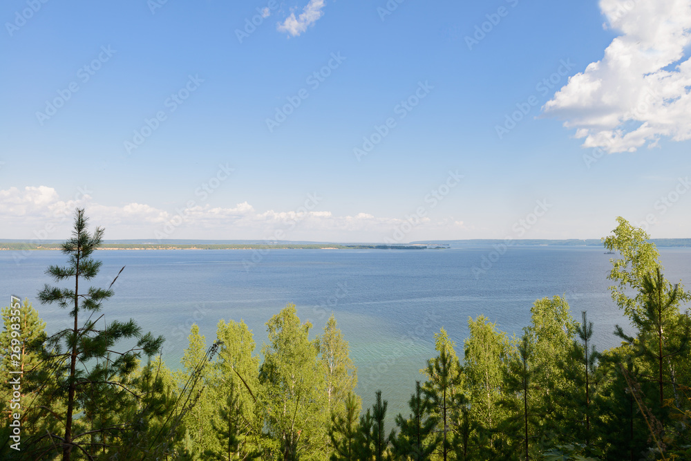 panoramic view of a wide river from above the forest