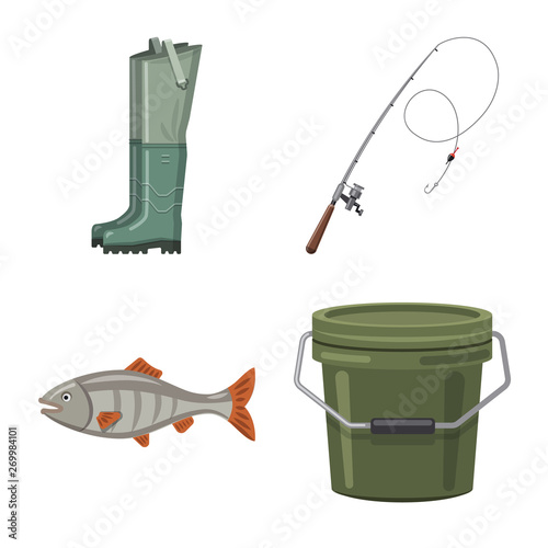 Vector illustration of fish and fishing sign. Collection of fish and equipment vector icon for stock.