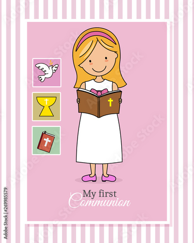 Card my first communion girl. Girl reading the bible
