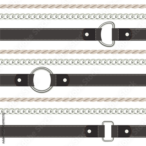 Belt, rope and chain horizontal seamless pattern on white background. Black leather strap with metal silver rings. Vector illustration in cartoon flat style.