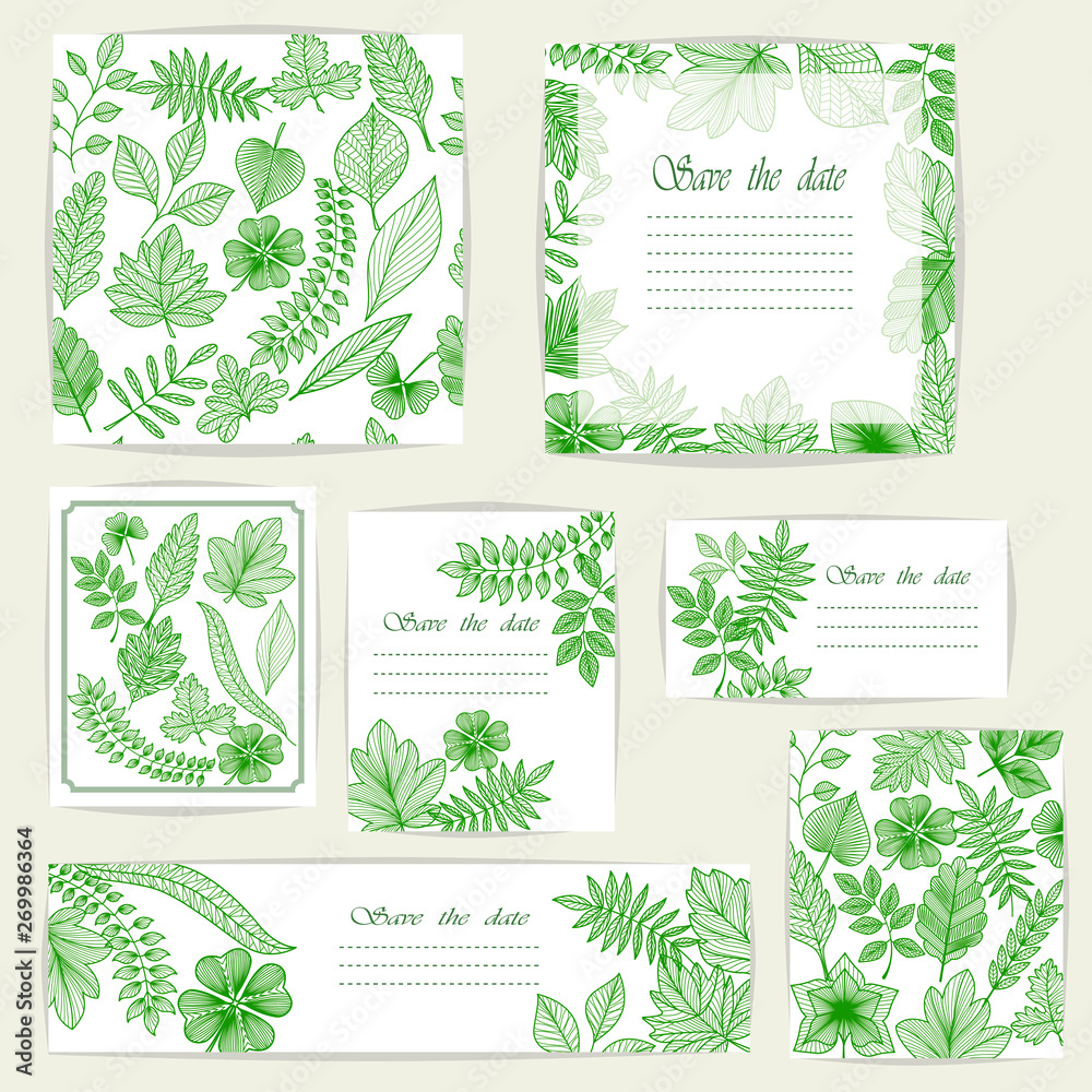 Set beautiful cards and seamless pattern with green leaves, design elements. Can be used for birthday,Valentines Day, Mothers Day, wedding cards, invitations, greetings. Vector illustration. EPS 10